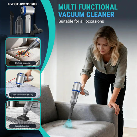 Person cleaning a couch with 2 In 1 Mini Car Vacuum And Air Duster Wireless Handheld Vacuum With Blower Function Brushless Motor 27000 Pa Powerful Suction 9000 mAh Battery Long Life Portable For Car Office And Home