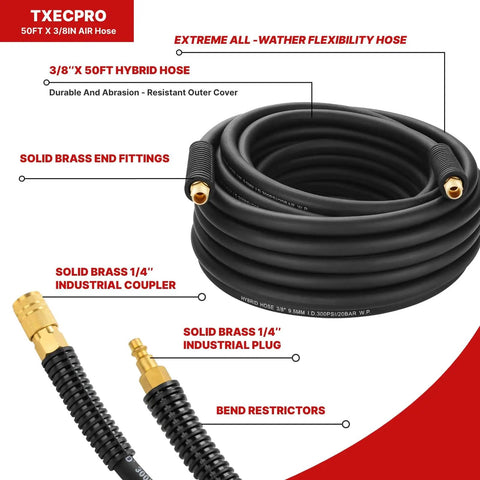 Three Eighths Inch Hybrid Air Hose 50 Foot Heavy Duty Air Compressor Hose With Kink Resistant Design All Weather Flex Includes One Quarter Inch Industrial Quick Coupler Fittings Bend Restrictors 300 PSI Black coiled with brass end fittings