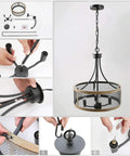 Farmhouse Drum Chandelier For Dining Room, showing assembly, oil black wire frame with wood grain panels, vintage bulb installation.