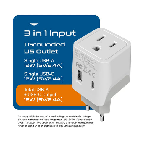3 In 1 European Travel Plug Adapter With USB A And USB C showing ports and specifications chart