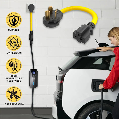 Premium Nema 10 To 6 Adapter For Ev Level 1 Charging Heavy Duty connecting to an electric vehicle with a yellow cable