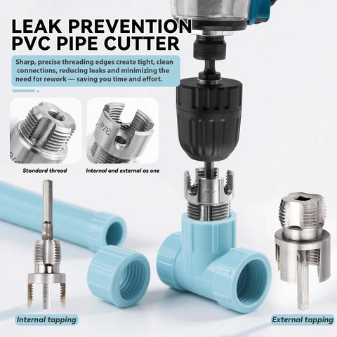 Dual Function PVC Pipe Threader Set For Internal And External Threads, Fits One Half Inch, Three Quarter Inch, And One Inch Pipes, Electric Drill Compatible Water Pipe Thread Cutting Kit For Easy Home Repairs, DIY Friendly By Yakamoz showing threaders and pipe installation.