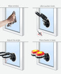 Installation steps for Set Of 2 Mini Glass Hummingbird Feeders With Window Mount Base, showing suction knob and feeder placement.