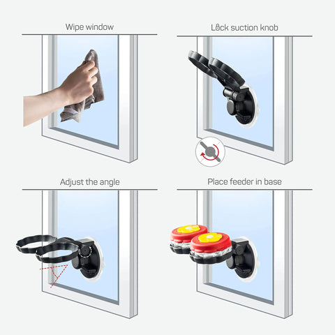 Installation steps for Set Of 2 Mini Glass Hummingbird Feeders With Window Mount Base, showing suction knob and feeder placement.