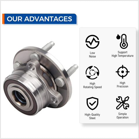 2 Pack Front And Rear Wheel Hub And Bearing Assembly 512460 Compatible With Ford Explorer 2011 To 2019 And Police Interceptor Utility 2013 To 2018 5 Lugs Non ABS High Quality Replacement on white background highlighting features like low noise, high temperature support, and precision. Steel construction.
