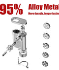 Exploded view of a heavy duty metal pasta press attachment for KitchenAid stand mixer with five interchangeable plates.