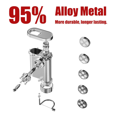 Exploded view of a heavy duty metal pasta press attachment for KitchenAid stand mixer with five interchangeable plates.