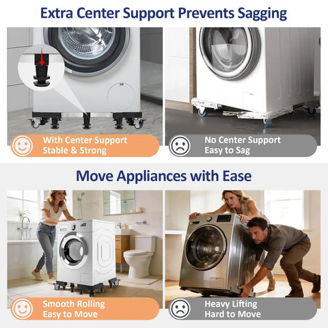 Heavy Duty Appliance Dolly With 10 Support Feet And Four Locking Swivel Wheels For Easy Moving Of Washers Dryers Fridges And Mini Refrigerators, showing center support for stability.