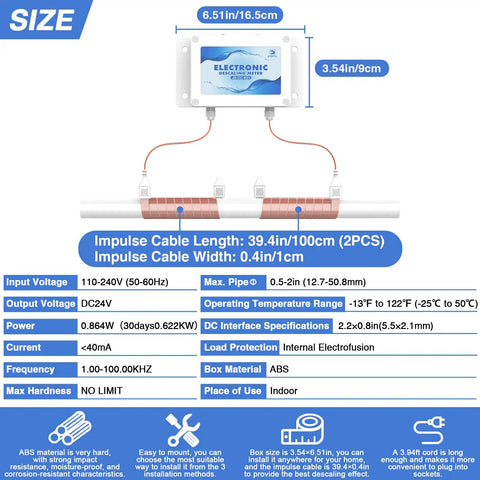 Salt Free Whole House Water Descaler System No Chemicals Needed Chemical Free Water Treatment dimensions and specs chart