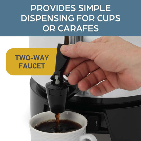 Hand using two-way faucet on 100 Cup Commercial Coffee Urn With Automatic Temperature Control Fast Brewing Easy Clean Up NSF Approved Large Capacity Keeps Joe Hot All Day Silver For Large Events