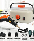 Powerful 2500W Portable Handheld Steam Cleaner With 1500ml Tank showing steam hose, extension tube, and accessories