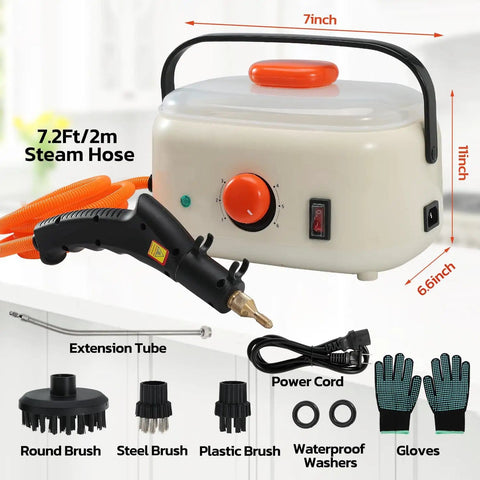 Powerful 2500W Portable Handheld Steam Cleaner With 1500ml Tank showing steam hose, extension tube, and accessories