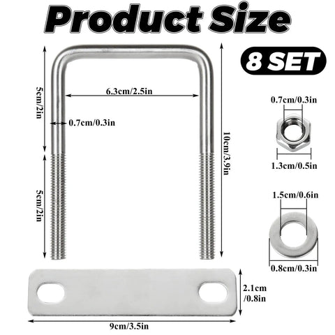 Eight Pack Square U Bolts With Washers And Nuts Two And A Half Inch Inner Width Hundred Millimeter Length 304 Stainless Steel Replacement Parts