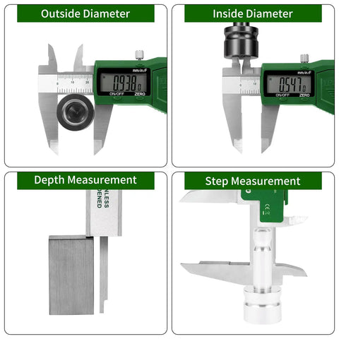 IP54 6 Inch Digital Caliper With Built Tough Stainless Steel showing diameter and depth measurements on LCD screen