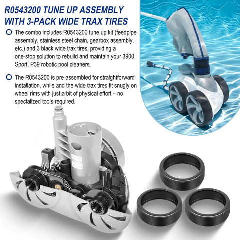 Tune Up Rebuild Kit With Gearbox Assembly And 3 Pack Wide Trax Tires For Polaris 3900 Sport P39 Robotic Pool Cleaner