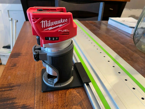 Milwaukee router mounted on a guide rail, detail of Solid As A Rock Guide Rail Adapter Plugs Right Into Milwaukee Router For Smooth Track Saw Setup Makes Knockout Straight Cuts And Clean Dados Uses Factory Sub Base Screws Zero Extra Gear Needed Built Tough In Usa.
