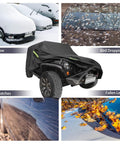 Waterproof All Weather Jeep Wrangler Cover For 2 Door Models 1987 To 2026 Outdoor Sun Rain Wind Snow Dustproof With Driver Door Zipper Black shown protecting against snow, bird droppings, scratches, fallen leaves.