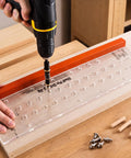 Hefty Duty Shelf Pin Jig Kit 18 9 Inch Acrylic Drill Guide in use with drill on wood for cabinet installation