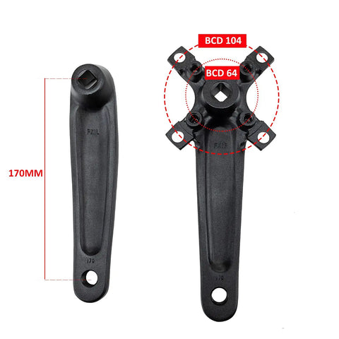 Beefy Square Taper Mountain Bike Crankset 170mm with BCD 104/64 interface, black aluminum alloy crank arms.