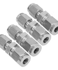 4Pack 304 Stainless Steel Compression Fittings Straight Double Ferrule Tube Adapter 1/8Inch To 1/4Inch Pipe Reducer Connector showing five fittings.