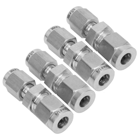 4Pack 304 Stainless Steel Compression Fittings Straight Double Ferrule Tube Adapter 1/8Inch To 1/4Inch Pipe Reducer Connector showing five fittings.