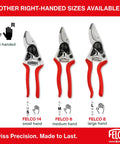 Range of right-handed pruning shears for various hand sizes, including medium, by FELCO. Swiss precision tools for gardeners.