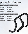 Two black rubber engine upper and lower radiator coolant hoses with a ribbed flexible section.