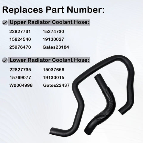 Two black rubber engine upper and lower radiator coolant hoses with a ribbed flexible section.