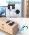 Ten Foot Extension Cord Power Strip With Eight Widely Spaced Outlets And Six USB Ports Including One USB C Flat Plug, wall and desk setup