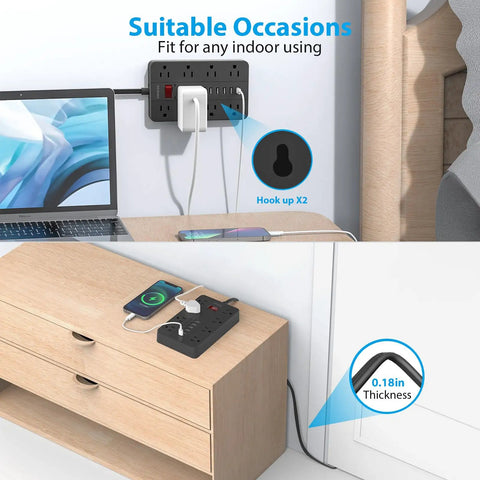 Ten Foot Extension Cord Power Strip With Eight Widely Spaced Outlets And Six USB Ports Including One USB C Flat Plug, wall and desk setup