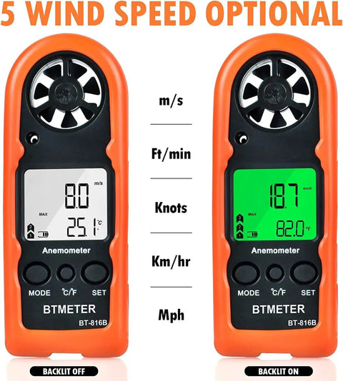 Portable Handheld Anemometer Wind Speed Meter BT-816B With Temperature Sensor And Wind Chill, orange front view