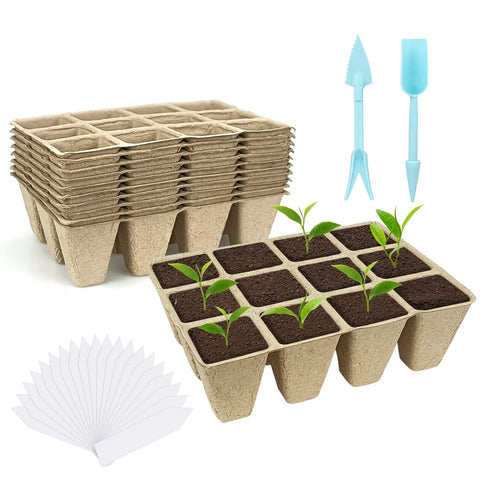10 Pack Biodegradable Peat Pots And 120 Cell Seedling Starter Tray Set With 20 Plant Labels for garden use.