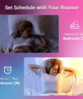 Person asleep with dim lighting, and waking up with bright light using 10 Pack 9W Color Changing LED Recessed Lights 4 Inch Dimmable Ceiling Retrofit Smart Lights With Bluetooth Mesh Control 70W Equivalent Easy Install Compatible With Alexa And Google Assistant.