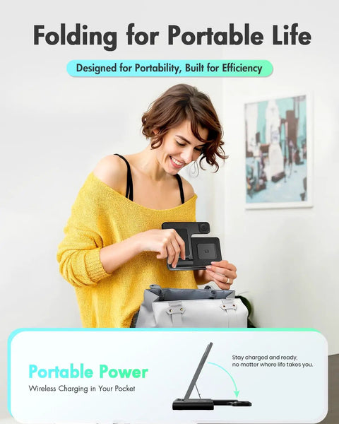 Woman placing 3 In 1 Wireless Charging Station For iPhone Watch And AirPods in bag, showcasing foldable design for portability.