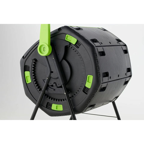 48 Gallon Geared Two Compartment Compost Tumbler with easy turn mechanism and durable poly construction, side view