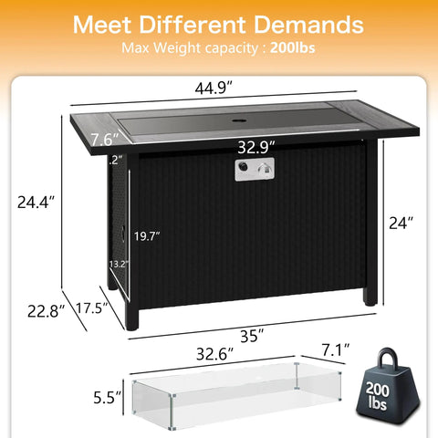 45 Inch Propane Fire Table With 50000 BTU Fire Pit, Glass Wind Guard And Rain Cover, 3 In 1 Outdoor Fire Table dimensions