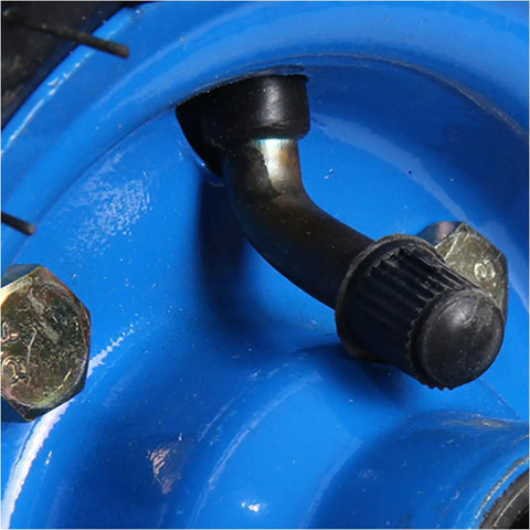 Heavy Duty Six Inch Thickened Inflatable Rubber Tire Tough As Nails Pneumatic Wheel valve and rim detail close-up.
