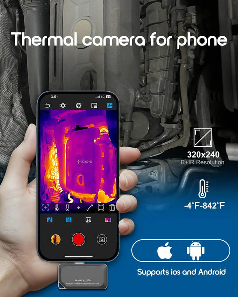 Hand holding smartphone with thermal imaging camera displaying heat map, "Smartphone Thermal Imaging Camera With 320x240 IR Resolution For iOS And Android USB-C Compatible -4 F To 842 F Temperature Range Easy App Setup Perfect For DIYers Home And Worksite". Engine components visible in the background.