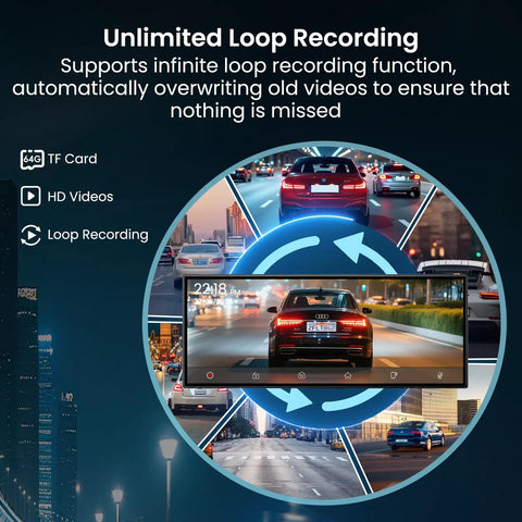 Mega 11.5 Inch Wireless CarPlay Screen With Android Auto HD Touchscreen showing loop recording feature on nighttime highway