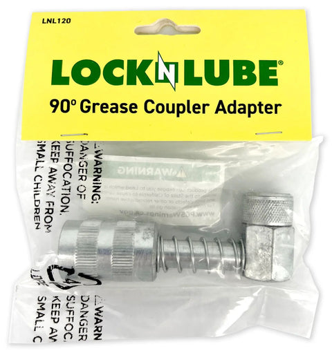 LockNLube 90 degree grease coupler for tight spaces in packaging