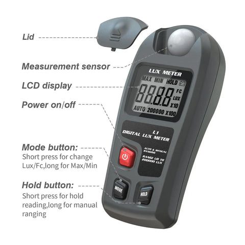 Plant Light Meter For Indoor Outdoor Grow And Photography With LCD Display Lux Illuminance Photometer Dope High Accuracy Readings For Plants Film And LED Grow Lights Easy To Use And Highly Reliable. Gray handheld lux meter with LCD, sensor lid, and mode buttons