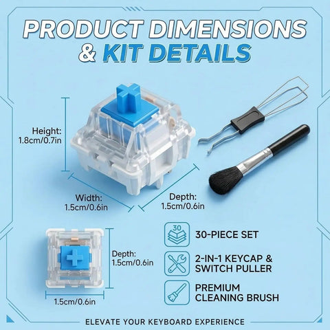 Blue 3 Pin Keyboard Clickers For 3D Printing Projects With Switch Puller And Brush, dimensions and kit details illustration