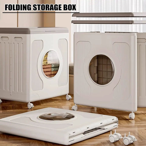 Super Roomy Foldable Storage Bin With Secure Lid And Smooth Rolling Wheels Heavy Duty Plastic Closet Organizer 160 Liter capacity with clothes.
