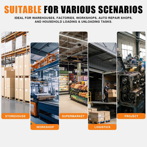 Heavy Duty 660 Lbs Electric Hydraulic Lift Table Cart With Portable Folding Scissor Design For Easy Warehouse Loading And Transporting Goods Onto Trucks Or Delivery Vans One Touch Control showcased in various settings like warehouses and supermarkets.