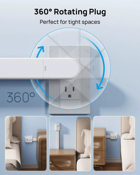 Slick Space Saving Outlet Extender Stick With 360 Rotating Plug And Solid Surge Protector For Behind Couch Bed Nightstand Adjustable Reach, showing plug in tight space.
