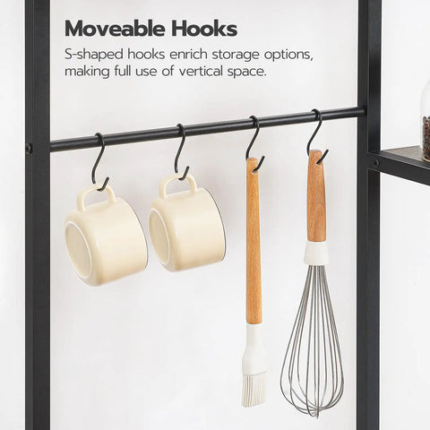 S-hooks on Large Bakers Rack With Power Outlets For Kitchen And Office showing mugs and utensils hanging, space-saving feature