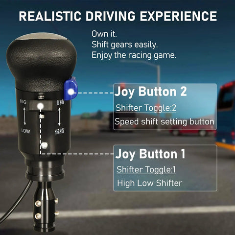 USB Truck Simulator Shifter Knob For ATS And ETS2 PC Racing showing gear shift buttons and settings for realistic driving experience.