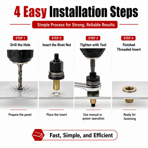 Rivet Nut Mandrel Set M3 To M10 66 Piece Carbon Steel Rivnut Kit installation steps for hand riveter tools and DIY repairs