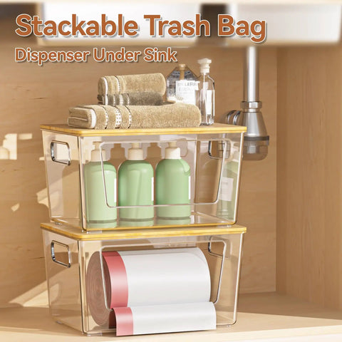 Game Changer 2 Pack Trash Bag Holder With Bamboo Lid Stackable Garbage Dispenser Kicks Up Your Kitchen Vibe Fits Reliable Standard 13 30 33 Gallon Rolls For Easy Daily Grinds