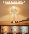 Cordless Crystal Lamp With Color Changing Touch Control on wooden table, showing three adjustable color temperatures.
